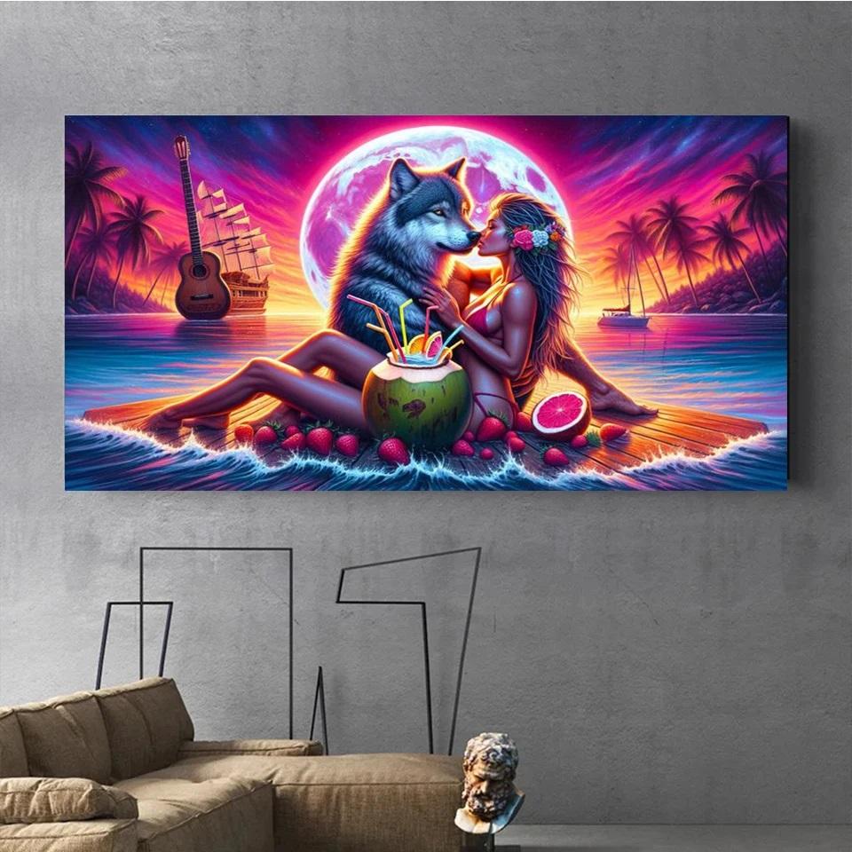 Romantic Couple And Wolf Diamond Painting New 2024 5D Large Diy Seaside Coconut Tree Landscape Full Diamond Mosaic Embroidery