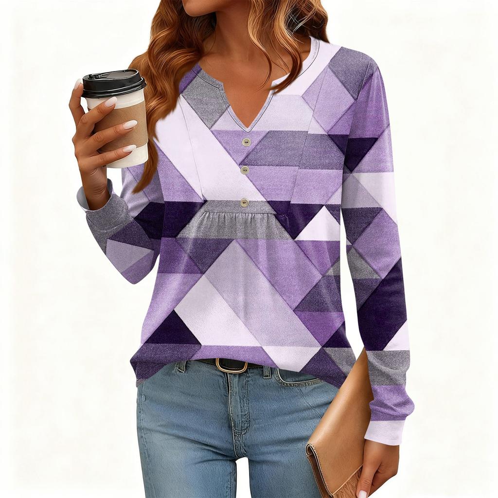 Tricou Pulover de Damă, Croială Relaxată, Gât în V, Culoare Vintage, Blocuri de Culoare cu Imprimeu Floral, Mânecă Lungă