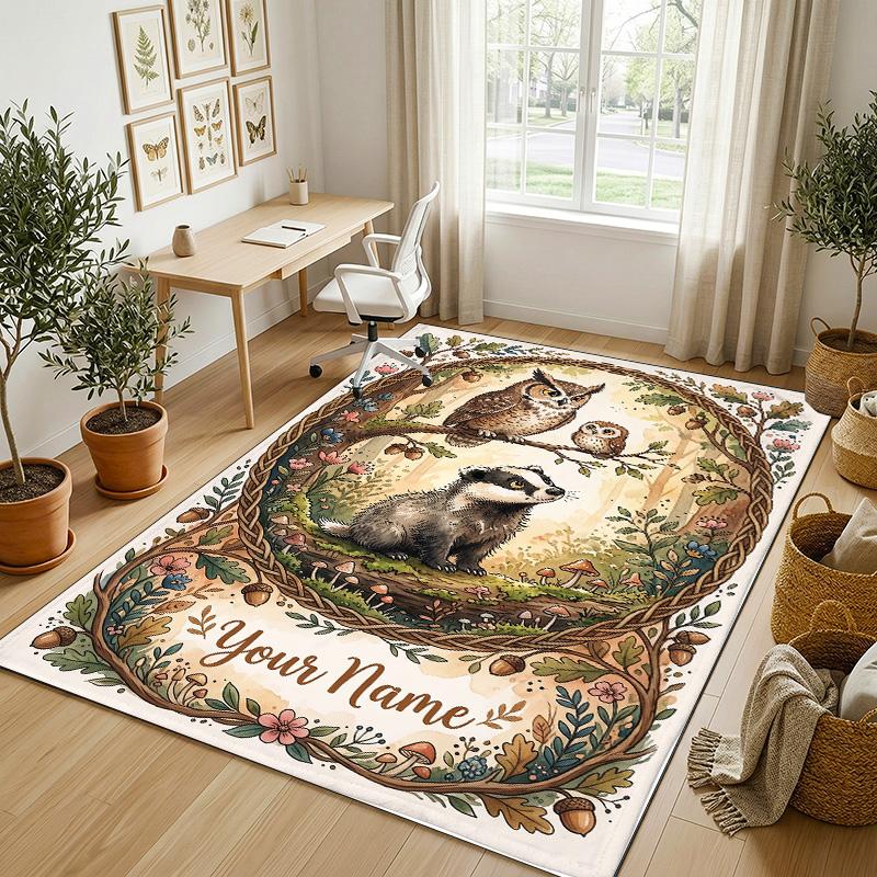 Forest Fox Theme Soft Crystal Velvet Rug Custom Name & Text Print Non Slip Floor Rug for Bedroom Living Room