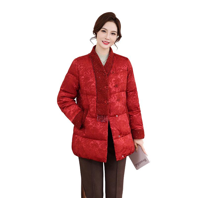 Mid-Length Winter Jacket: 90% White Duck Down, Chinese-Style Design, Warm Coat for Middle-Aged Women
