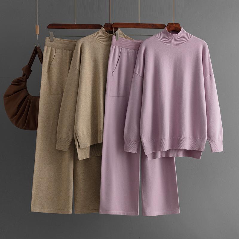 Solid Color Knitted Semi-turtleneck Slit Sweater Set Women's Autumn and Winter New Large Size Casual Knitted Sweater Two-piece Set