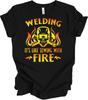Welding Sewing With Fire Funny Welder T-Shirt Gift for Dad Metal Fabrication Tee