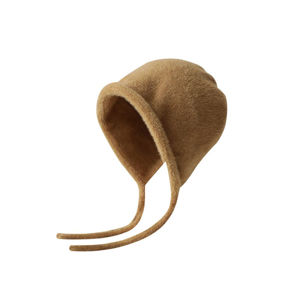 Face small wool hat women's autumn and winter warm plush knitted ear hat student sweet cute strap headcap