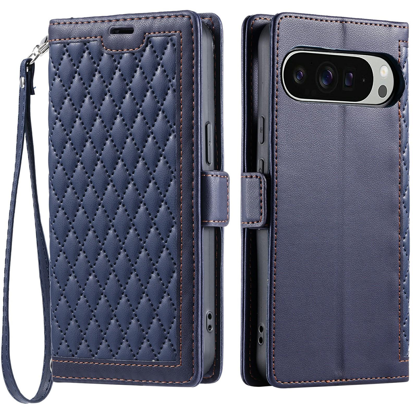 

For Google Pixel 9 Pro XL Leather Case Rhombus Texture Wallet Stand Phone Cover with Wrist Strap Blue
