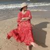 French Women's Floral Beach Resort Dress with Flared Sleeves and Chiffon Beach