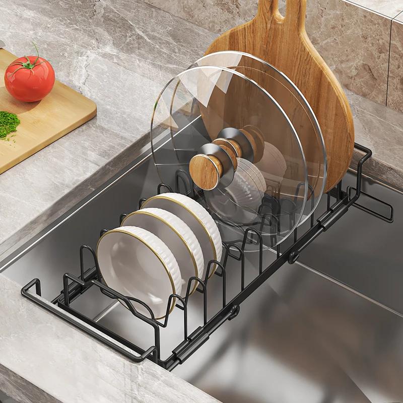 

Over-the-Sink Dish Drying Rack Extendable Metal Kitchen Storage Shelf for Plates Bowls Cutting Board and Cleaning Tools 1-tier чорний