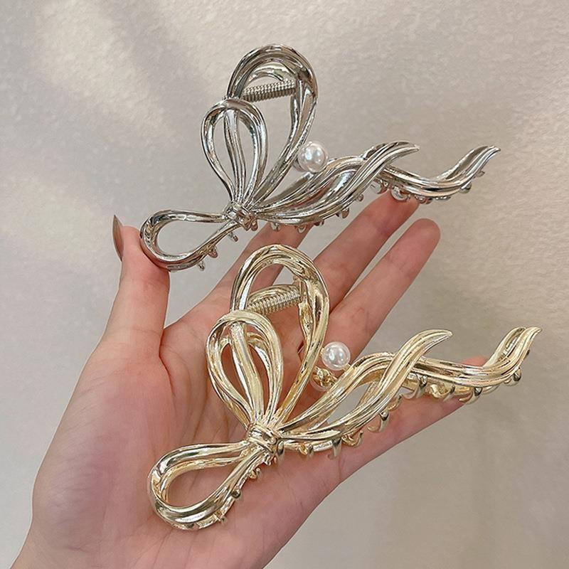 Large Bowknot Pearl Hair Clips Claw For Women Metal Gold Silver Korea Jewelry Accessories Head Piece Gift