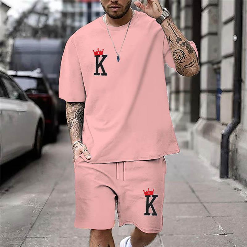 Summer Chic Casual Everyday Wear Clothes Crown K Print Men's T-Shirt Shorts Set Two-Piece Fashion Short Sleeves Shorts For Men