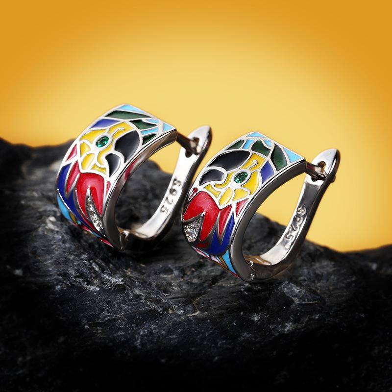 Silver Handmade Enamel Parrot Colorful Unique Earrings Fashion Jewelry For Ladies Geometric Bohemia Earring