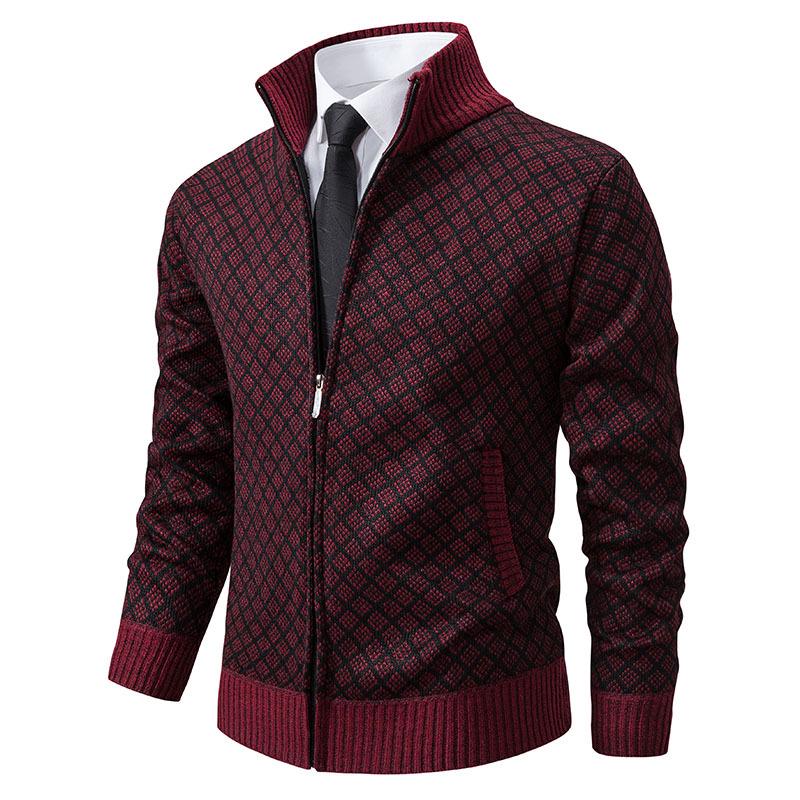 Men's Stand-Up Collar Knitted Cardigan - Thick Ribbed Velvet Sweater for Autumn/Winter (Middle-Aged & Elderly)