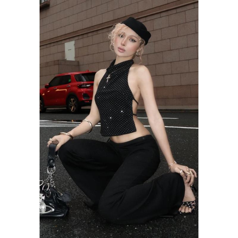 Жіночий короткий топ на зав'язках з вирізом на спині, без рукавів, з камінням, блискучий, для вечірки, клубу