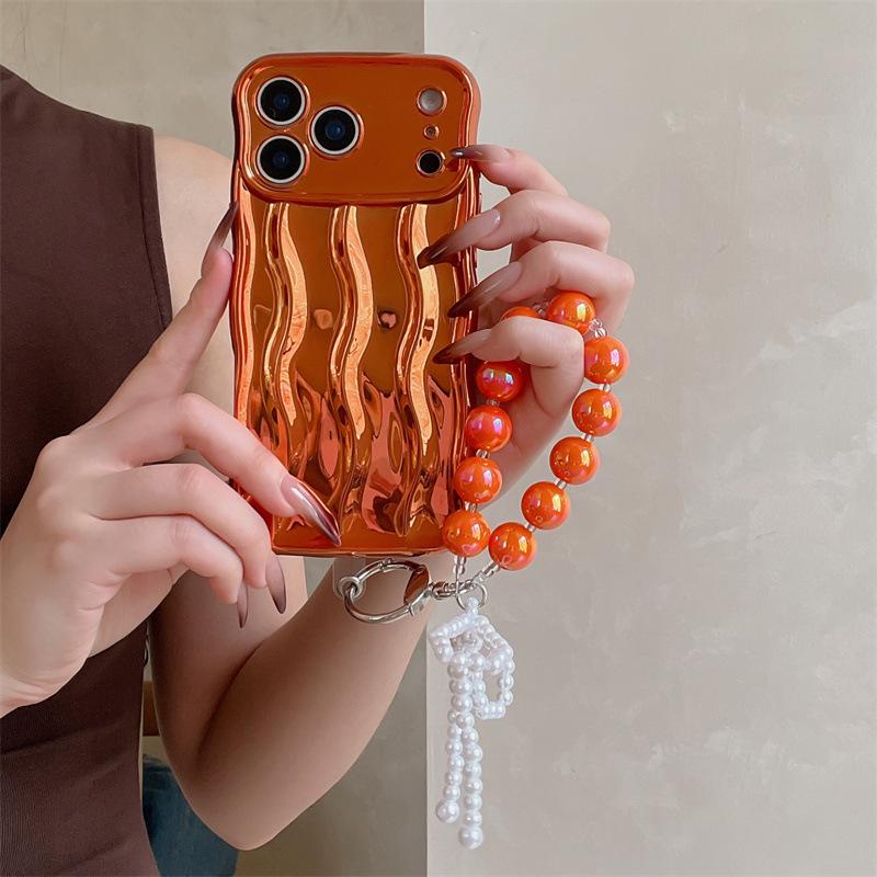 3D Wave Pattern Soft Shell Phone Case with Bracelet for iPhone 17 Pro Max/Apple 16 Solid Color