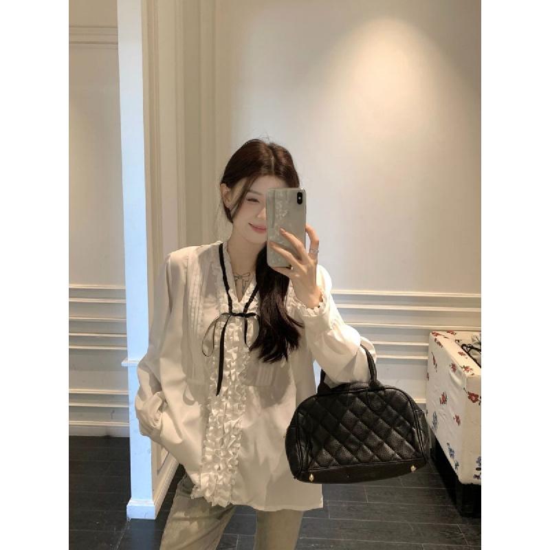 Retro V-neck tie bow blouse for women, spring and summer long-sleeve design with ruffled lace top