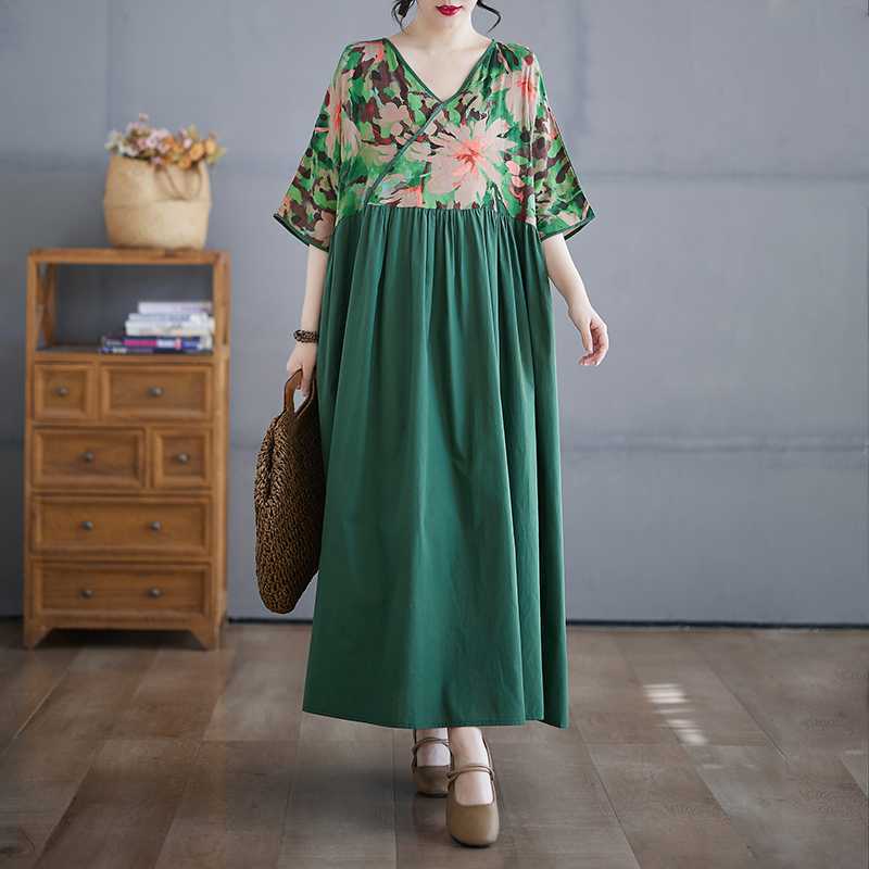 Cotton and Linen Summer Patchwork Retro Style Dress Long Skirt