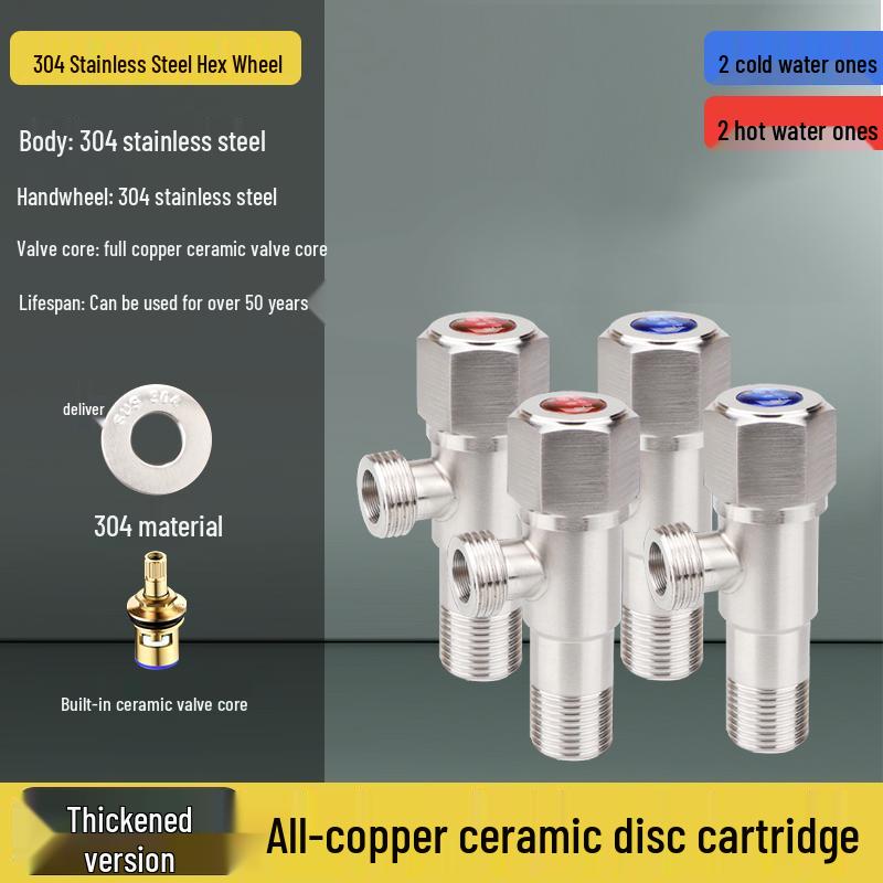304 Stainless Steel Angle Valve for Cold/Hot Water, Universal 4-Point Household Stop Valve for Water Heaters and Toilets