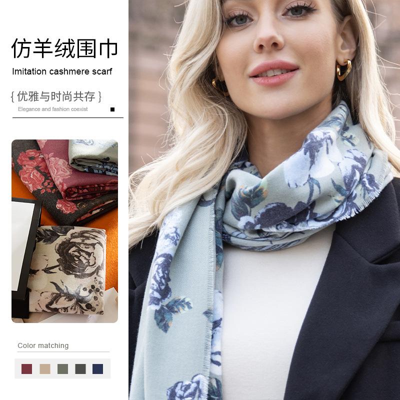 Cross Border 2025 Autumn Winter New Imitation Cashmere Tassel Shawl Fresh Sweet Rose Printed Cold Warm Scarf