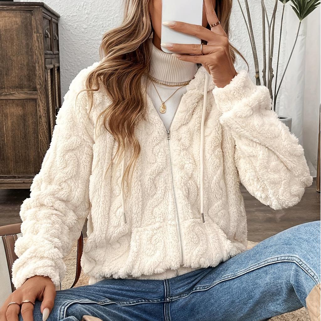 Women'S Plush Fleece Hooded Zip Up Jacket Casual Solid Color Polyester Coat Fall Winter Outerwear Adult Knitwear
