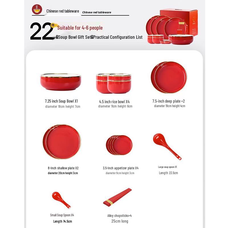 Aiqiyi ME China Red Ceramic Dinnerware Set for Wedding & Housewarming 4-person