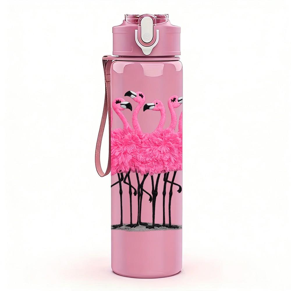 1PC Pink Flamingo Bird Tropical Print 750ml Color Plastic Sports Water Bottle Leakproof Flip Straw Lid Suitable for Sports Office Home Use
