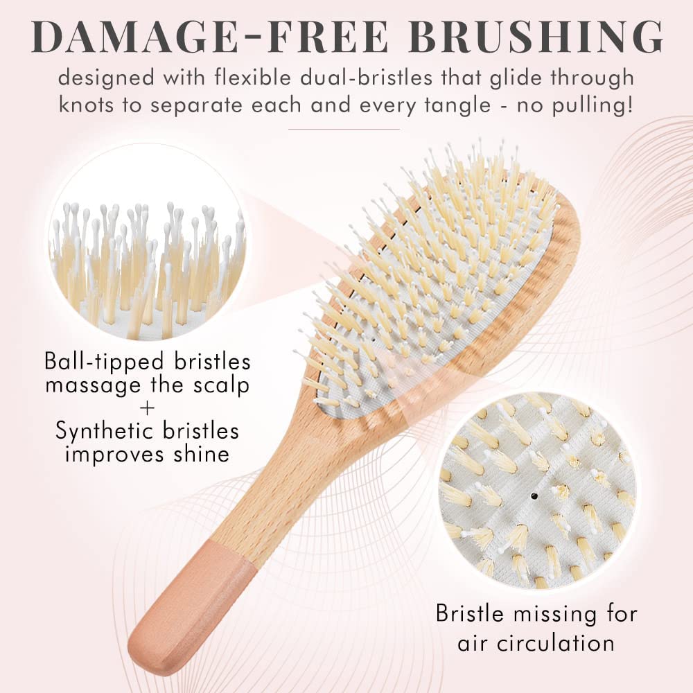 Lily England Wooden Hairbrush Set - Paddle Brush, Round Brush & Comb, Soft Bristles, Women's Hairbrush (Rose Gold)