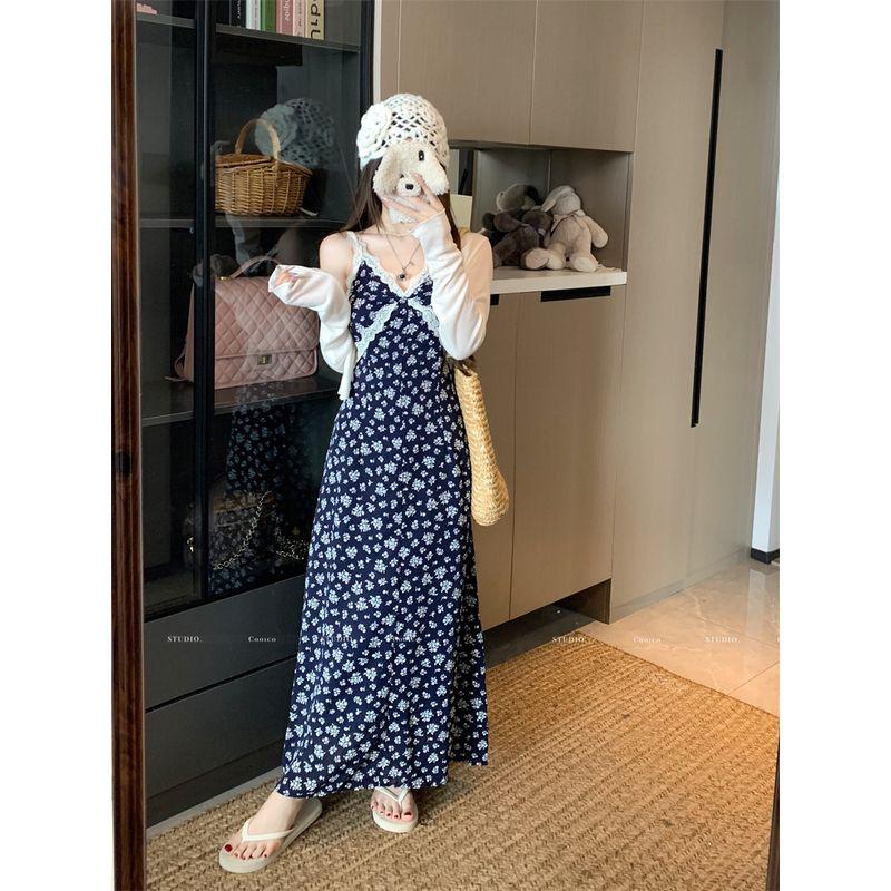 Kumikumi Design Sense Lace Stitching Sling Dress Women Summer Holiday Style High Waist All-Match Floral Long dress