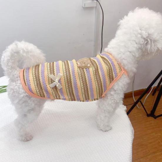 Pet Vest Sleeveless with Hollow Breathable Polyester Soft Plush Bear Bow Decoration Pet Vest Loose Fit Small Dogs Summer Wear