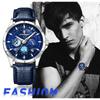 Genuine Leather Blue Starry Luminous Analog Calendar 3ATM Waterproof Quartz Romantic Stylish Casual Fashion Accessories Birthday Anniversary Christmas
