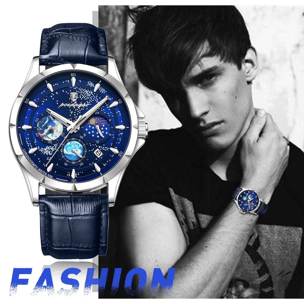 Genuine Leather Blue Starry Luminous Analog Calendar 3ATM Waterproof Quartz Romantic Stylish Casual Fashion Accessories Birthday Anniversary Christmas