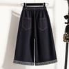 DIMANAF 2026 Spring Summer Plus Size Women Long Pants Denim Jeans Elastic Waist Oversize Loose Cotton Plaid Blue