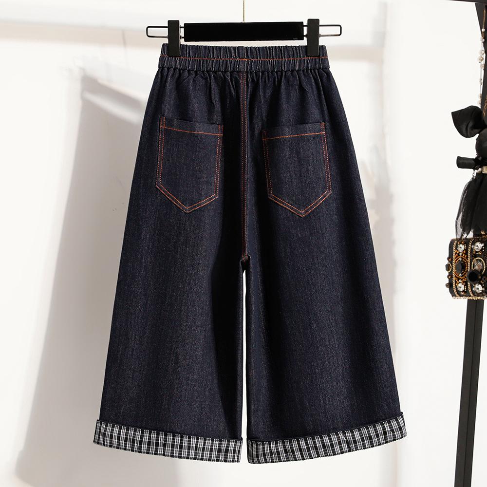 DIMANAF 2026 Spring Summer Plus Size Women Long Pants Denim Jeans Elastic Waist Oversize Loose Cotton Plaid Blue