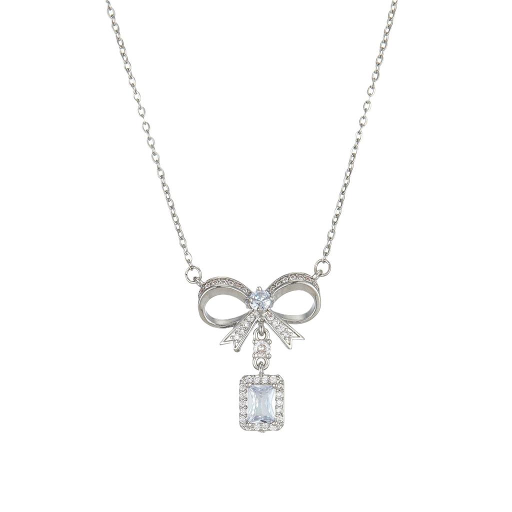 Bow Necklace Women'S Premium Sense Simple Daily Versatile Square Diamond Pendant Delicate Clavicle Chain
