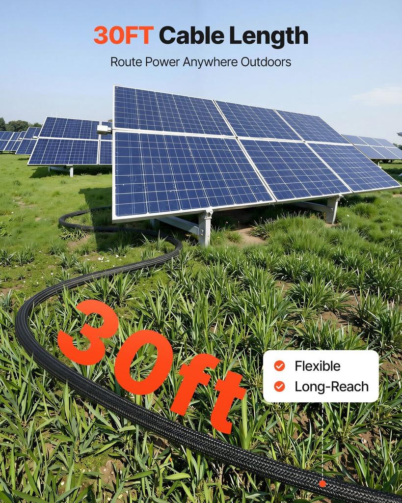 9.14 m Solar Panel Extension Cable, 10 AWG, Solar Panel Wire with Flame Retardant Protective Sleeving, Female and Male Connectors, IP67 Waterproof PV