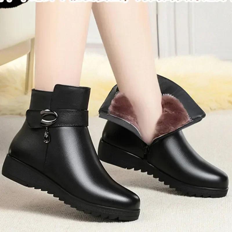 Fashion Black Soft Leather Mum Cotton Shoes Spring/Winter Side Zip Wedges Middle Heel Womens Snow Boots Soft Sole Short Boot