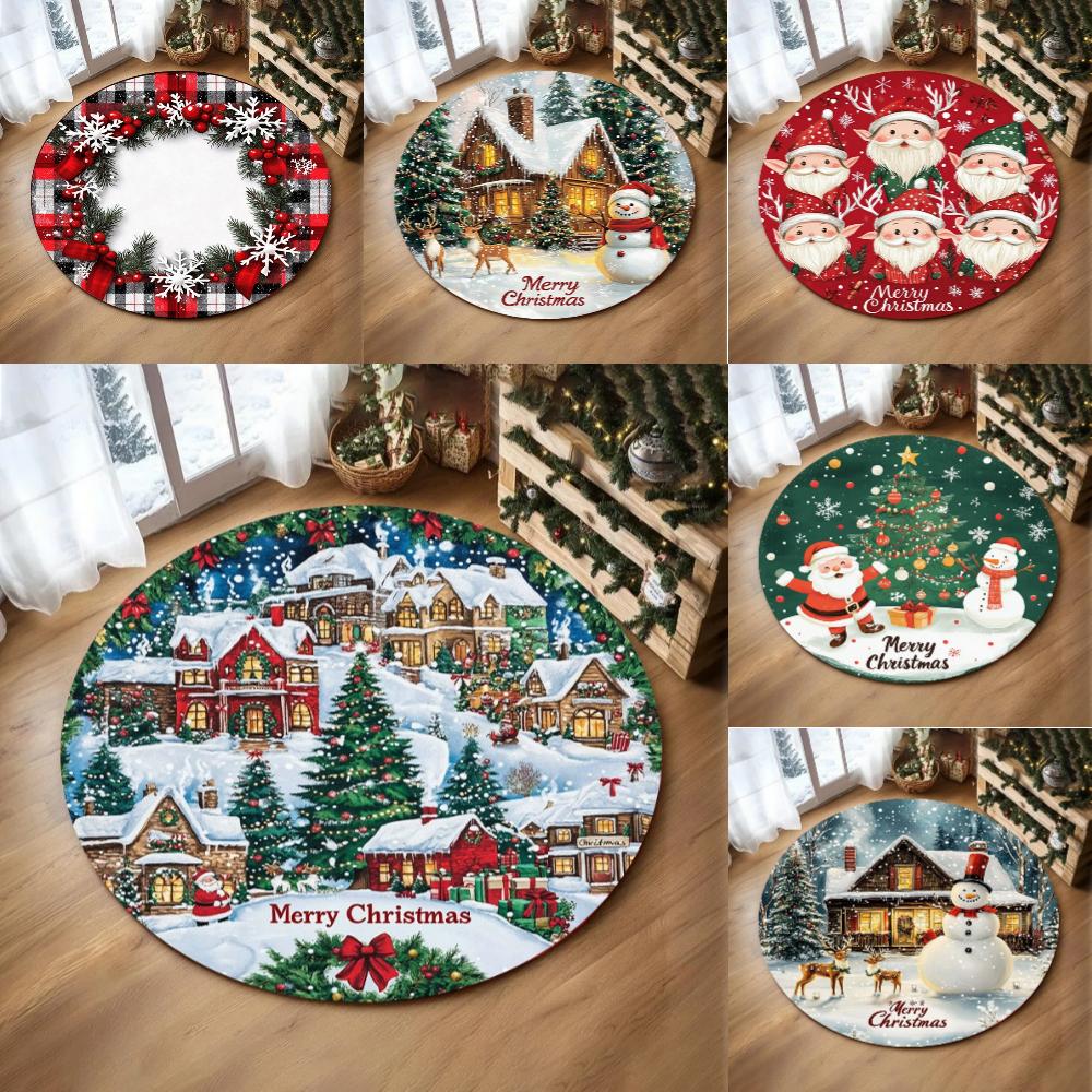 Christmas Snowflake Christmas Tree Round Rug Holiday Decor Cozy Living Room Bedroom FloorMat Winter Seasonal Decor Bedside Rug