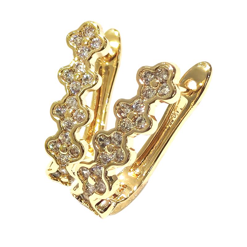 Copper Inlaid Zircon U-Shaped Lucky Flower Earrings for Women - Geometric, Simple, High-End Luxury Feel. Copper with Zircon Inlay