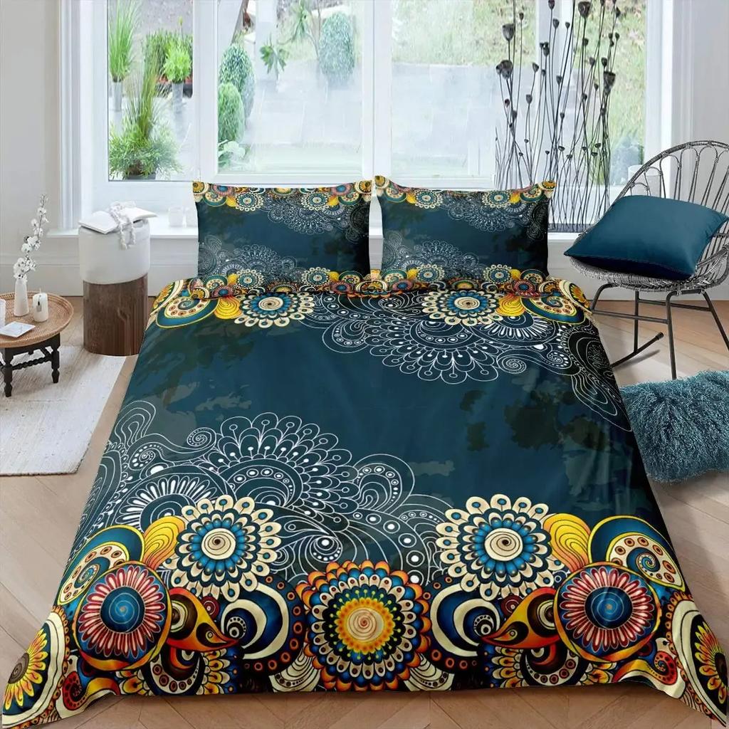 Neon Mandala Duvet Cover Set Full Queen Boho Hippie Bedding Set Ancient Mayan Calendar 3D Print Abstract Comforter Cover