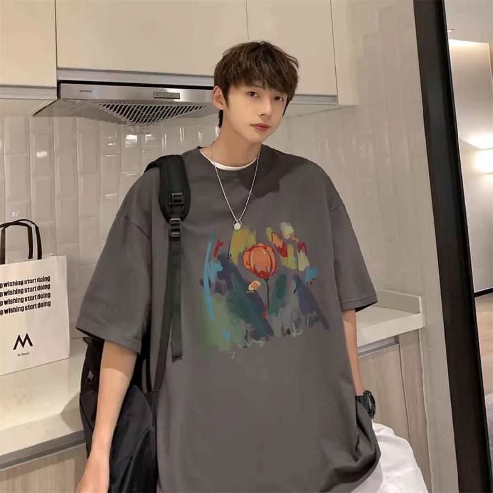 2025 Summer New Retro Flower Print T-Shirt Men High Street  Short Sleeve Tee Shirts Hip Hop Fashion Aesthetic Y2K Tops