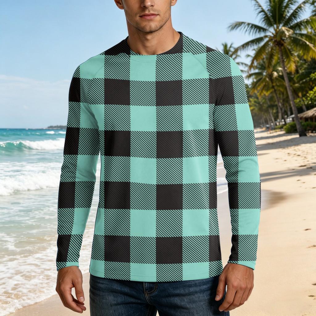 Men Long Sleeve UPF 50 Plus Sun Protection Shirt Outdoor Sports Fishing Casual Top Lightweight Breathable Quick Dry Crewneck Plaid Design