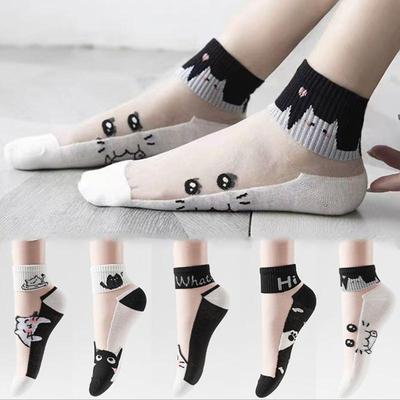 5Pairs/Lot Summer Socks Black And White Cat Glass Silk Breathable Female Socks Simple Short Socks