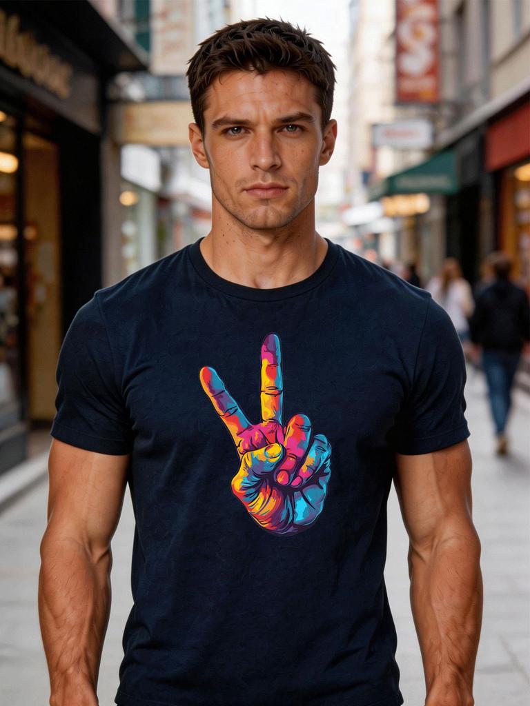 Unisex Crew Neck Tee Colorful Peace Sign Hand Graphic Print Short Sleeve Oversized Male Daily Casual Soft Breathable Basic Wear Top
