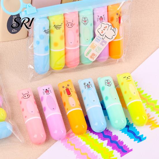 Non-dazzling Highlighter 6Pcs Chisel Tip Marker, Cute Marker Pen, Cartoon Macaron Colorful Study Markers No-Bleed Ink for Journaling, Planners,