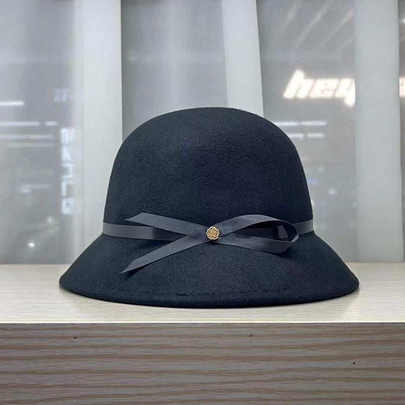White Thin Belt Bow Wool Bucket Hat High-end Temperament French Elegant Top Hat Dome Thousand Gold Woolen Basin Hat