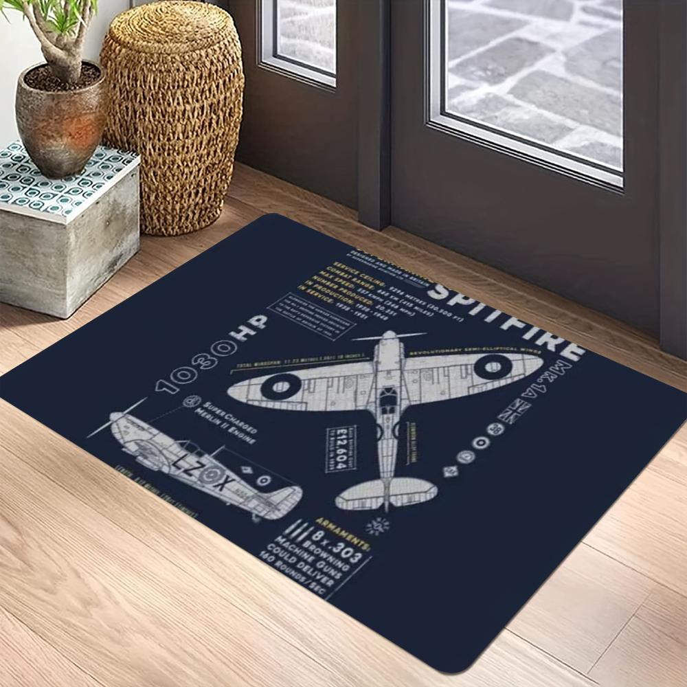 Aviation Theme Carpet Mat - Spitfire Airplane Rainbow Stripes Flight Route Pilot Collector Decorative Home Decoration Rug