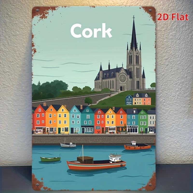 

Vintage Cork Metal Wall Art Sign Rustic Iron Decor with Colorful Houses Lighthouse Design Perfect for Home Porch Garage 20x30cm（7.8x11.8inch）