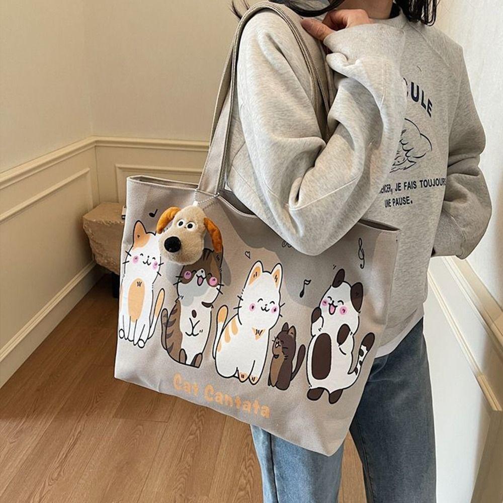 Cute Cartoon Canvas Bag for Women Large Capacity Versatile Shoulder Bag Casual Handbag Commuting Tote Bag Cat Shoulder Bag