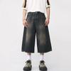 Men Summer Cropped Jeans Mid-rise Button Zipper Closure Denim Pants Gradient Color Wide Leg Cropped Pants Streetwear