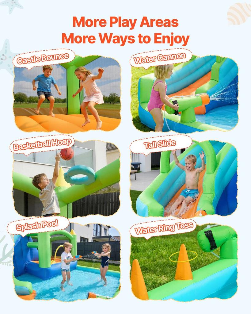Inflatable Bounce House, 11.3 x 12.3 x 7.0 ft Inflatable Bounce House Water Slide, Bouncer Castle with Castle Bounces, Basketball Hoop, Splash Pool &