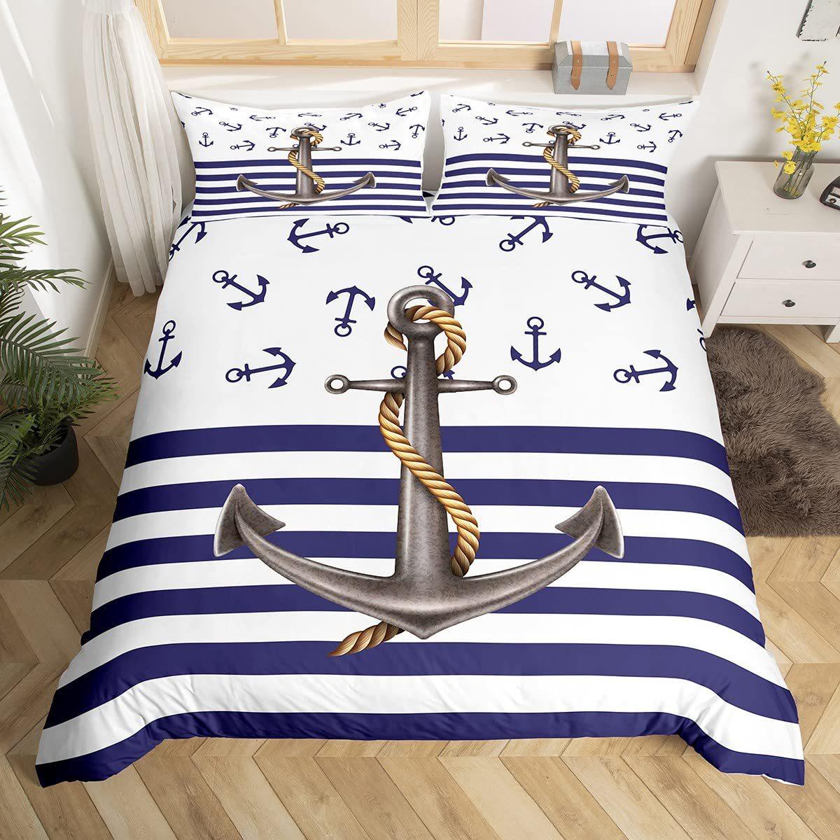 Nautical Ocean Anchor Bedding Sets Ocean Sailor Print Pillowcase For Bedroom Home Decor,Ocean Spirit Duvet Cover Teens Boys Gift 100x135cm 2pcs&Duvet Cover