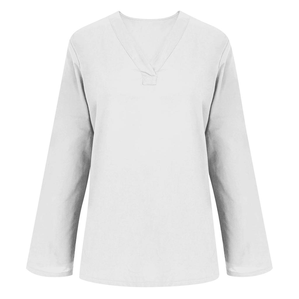 Women's Fashion Casual Cotton Linen V-Neck Long Sleeve Pullover Top