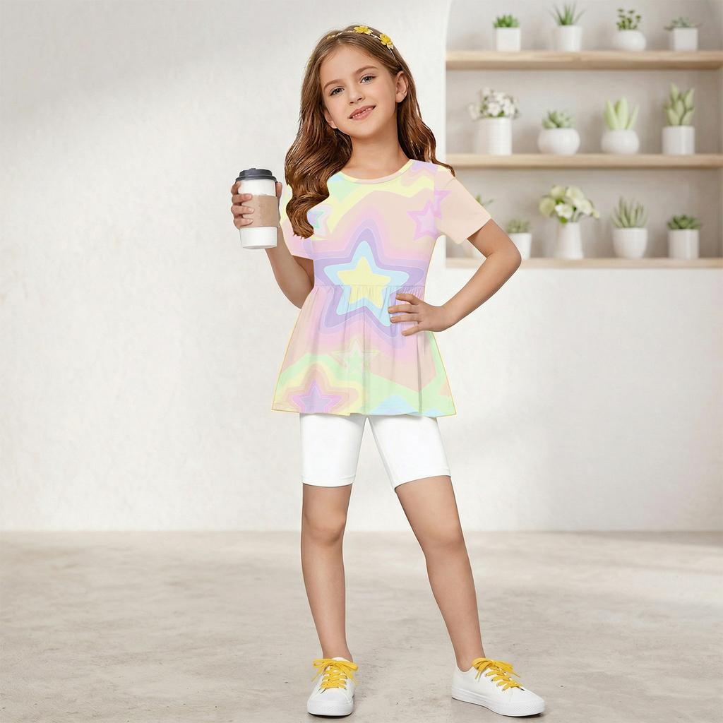 Girls Summer Outfit Short Sleeve Ruffle Hem Top with Floral Print and Matching Shorts Lightweight Two Piece Set for Kids